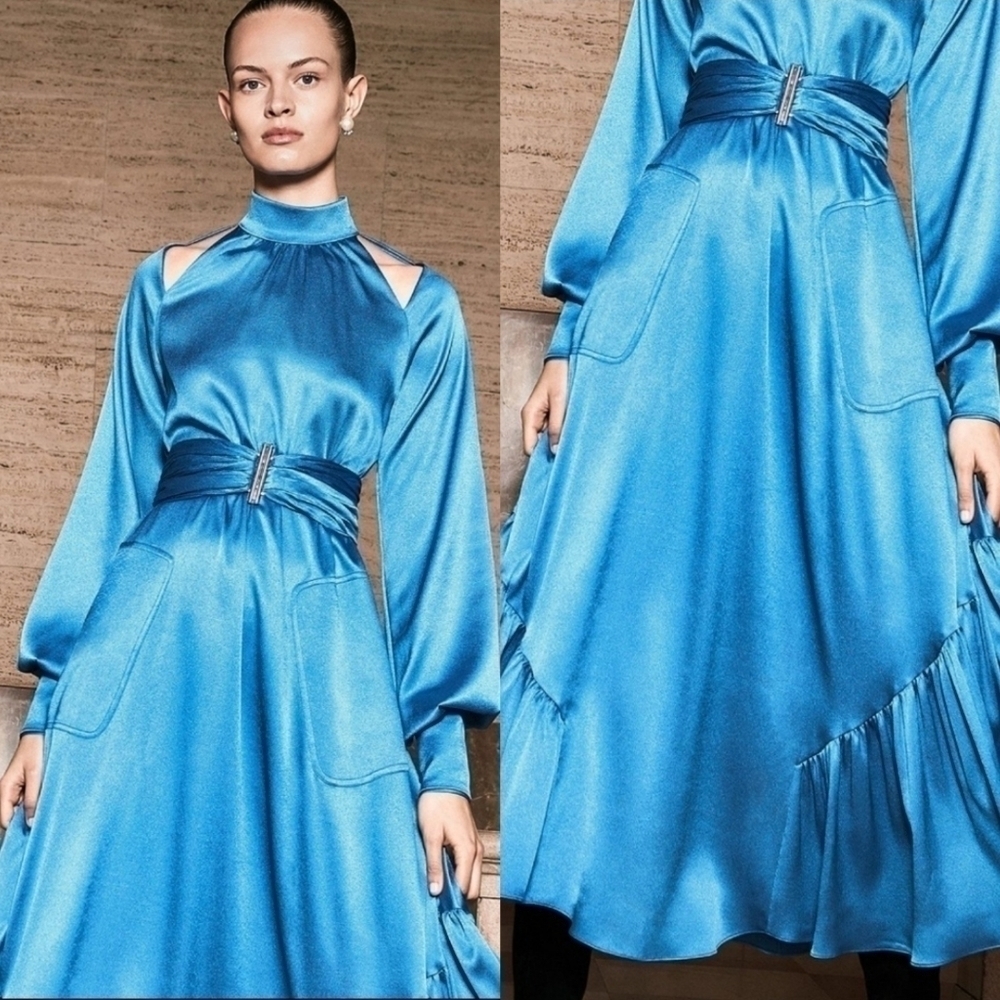 New Alexis Calypsa Satin Long-Sleeve Flare Azure Blue Dress Nwt Size M (4- 6 Us)
